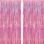 2 Pack Glitter Pink Backdrop, 3.28 FT x 7.05 FT Birthday Party Decorations, Laser Pink Fringe Curtains Foil Streamer Tinsel, Pink Curtains Photo Backdrop Happy Birthday Valentines Day Backdrop