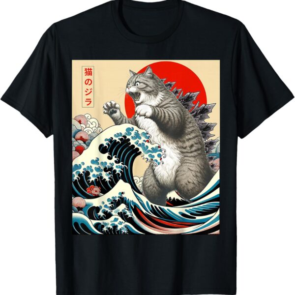 Funny Cat Shirts Catzilla Japanese Art Vintage Tees T Shirts for Men Women Kids Cat Lover Gifts
